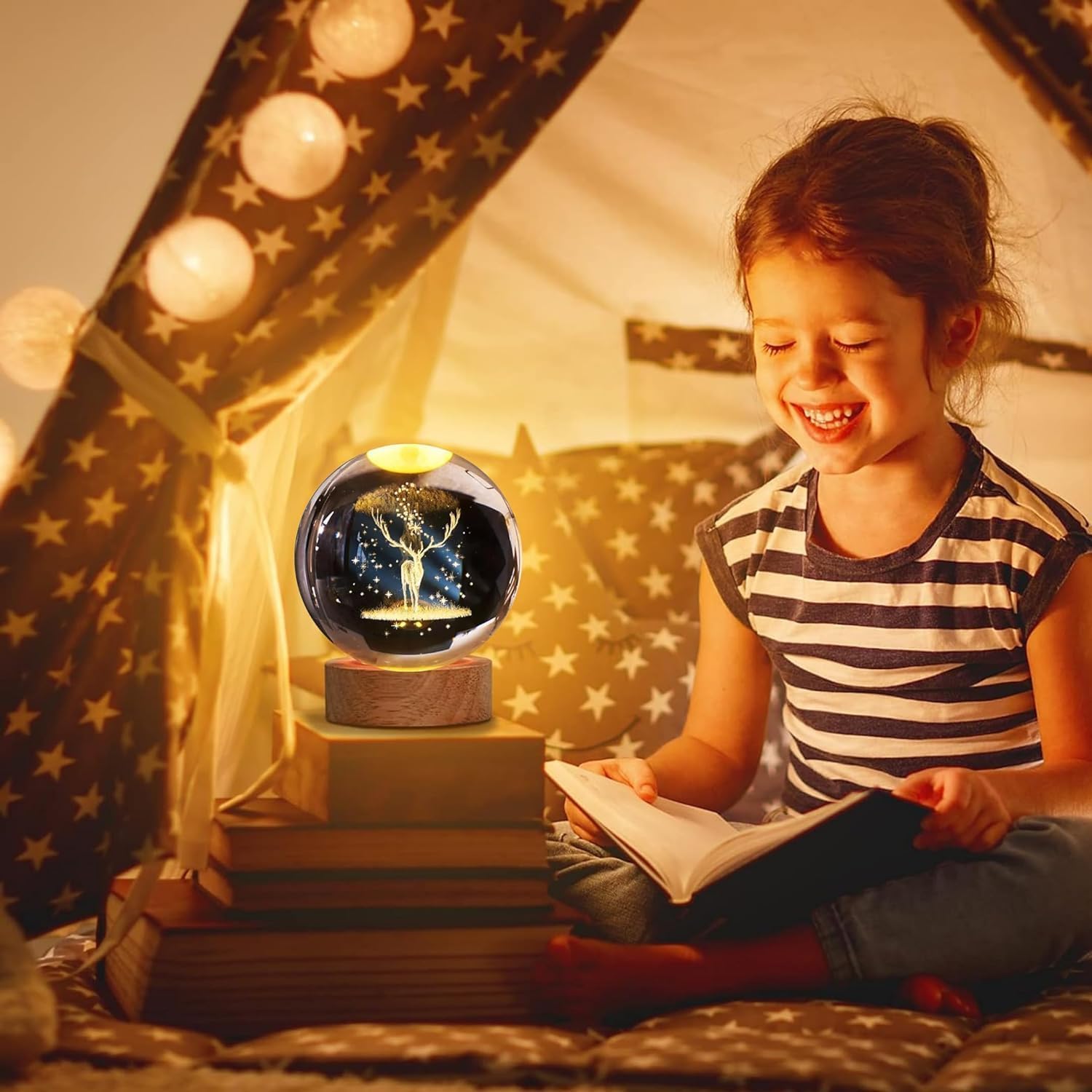 Magical 3D Glowing Crystal Ball Night Light with Wooden Base