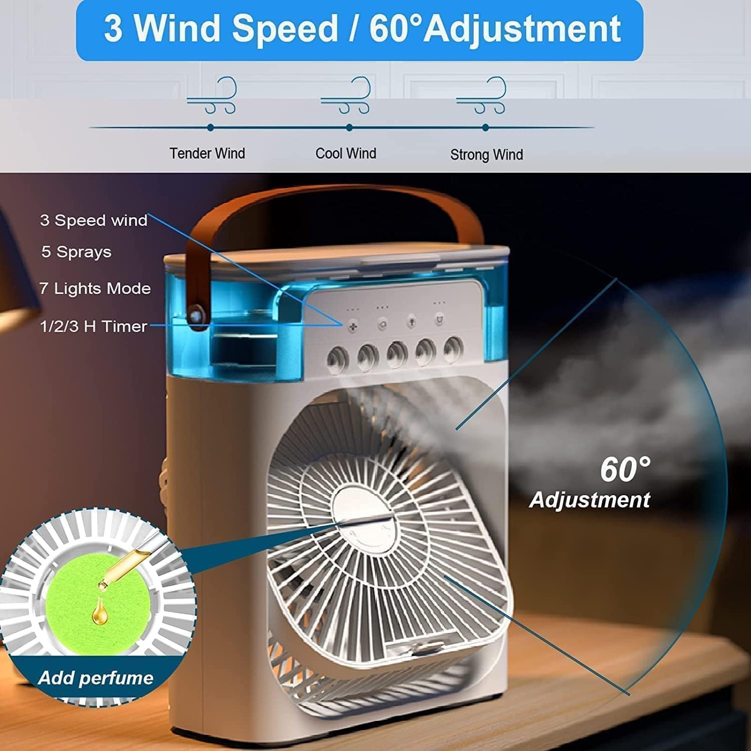 Portable Mini Air Cooler & Humidifier – 3 Speeds, 7-Color LED & Timer