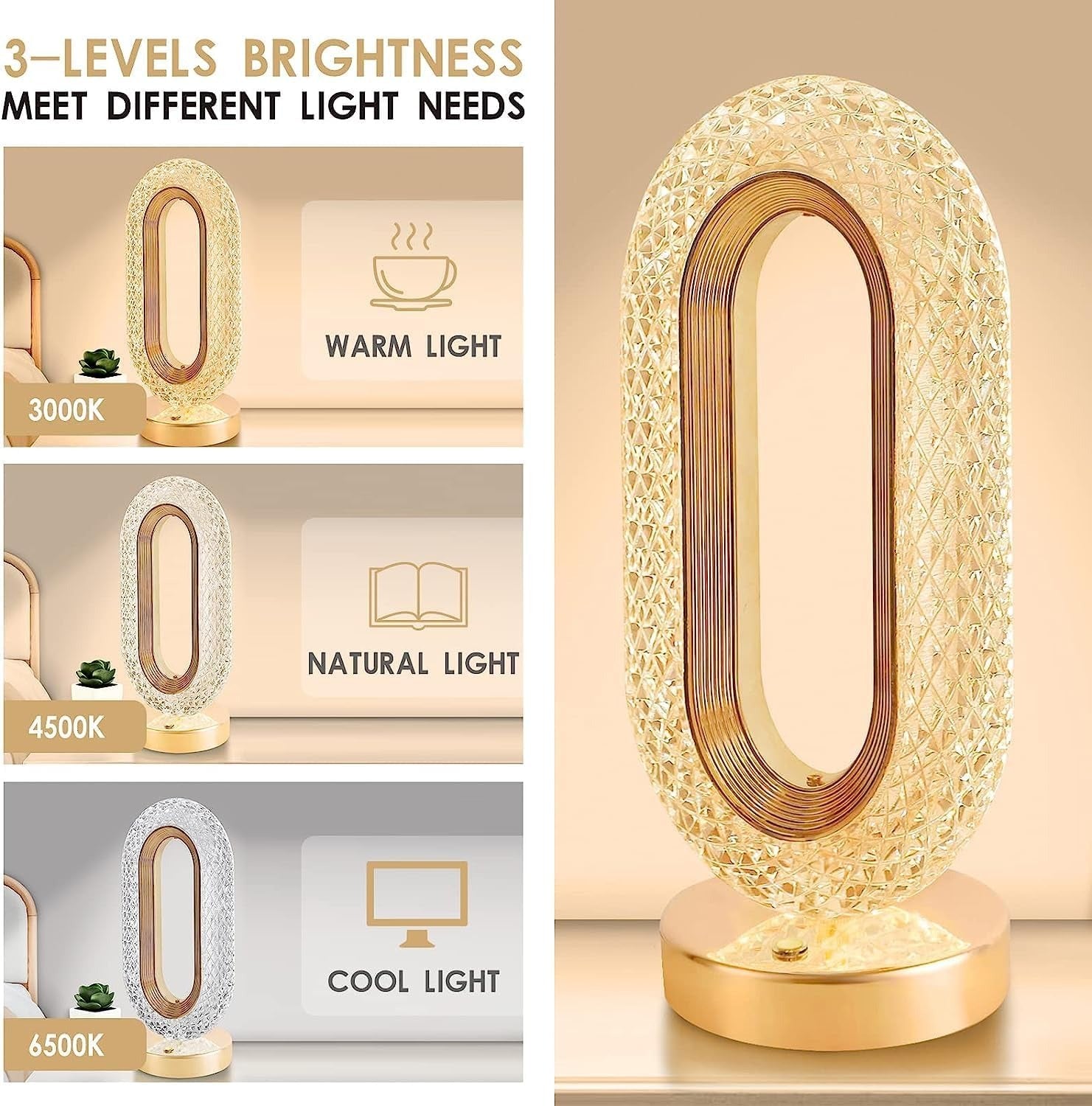 Touch Control Crystal Table Desk Lamp, 3-Way Dimmable Light, USB Crystal Diamond Table Lamp, Exquisite Night Stand Light Lamp Beside Lamp for Bedroom, Decorative Desk Lamp