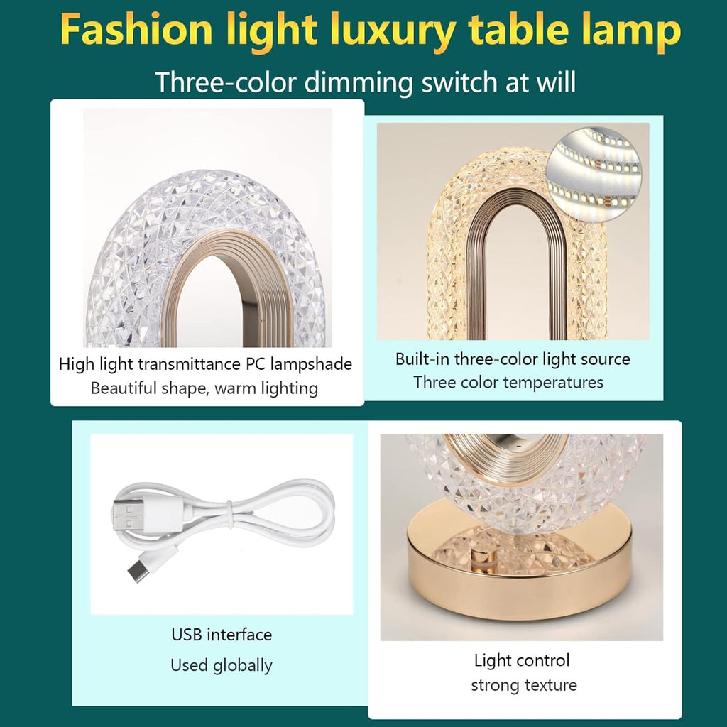 Touch Control Crystal Table Desk Lamp, 3-Way Dimmable Light, USB Crystal Diamond Table Lamp, Exquisite Night Stand Light Lamp Beside Lamp for Bedroom, Decorative Desk Lamp