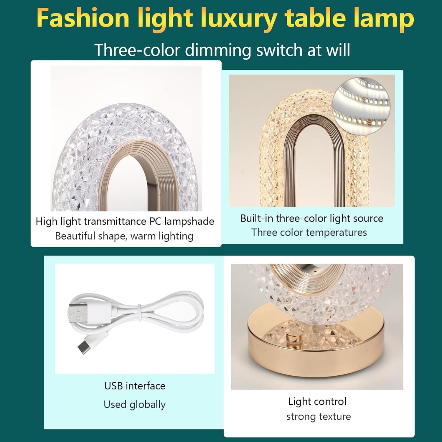 Touch Control Crystal Table Desk Lamp, 3-Way Dimmable Light, USB Crystal Diamond Table Lamp, Exquisite Night Stand Light Lamp Beside Lamp for Bedroom, Decorative Desk Lamp