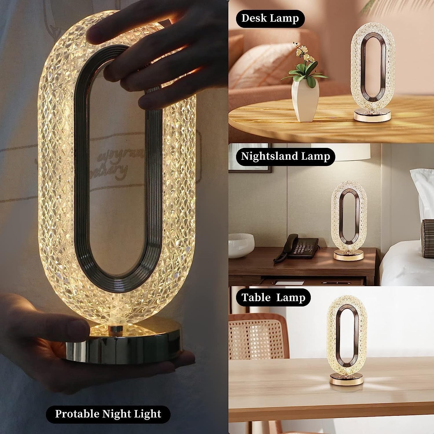Touch Control Crystal Table Desk Lamp, 3-Way Dimmable Light, USB Crystal Diamond Table Lamp, Exquisite Night Stand Light Lamp Beside Lamp for Bedroom, Decorative Desk Lamp